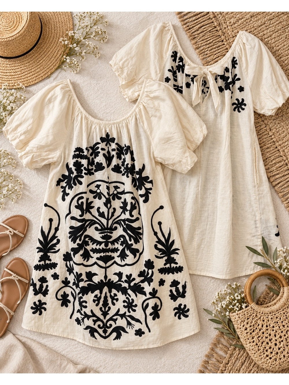 Free People NWT Embroidered Floral Mini Dress Ivory Black Boho Tunic M $148